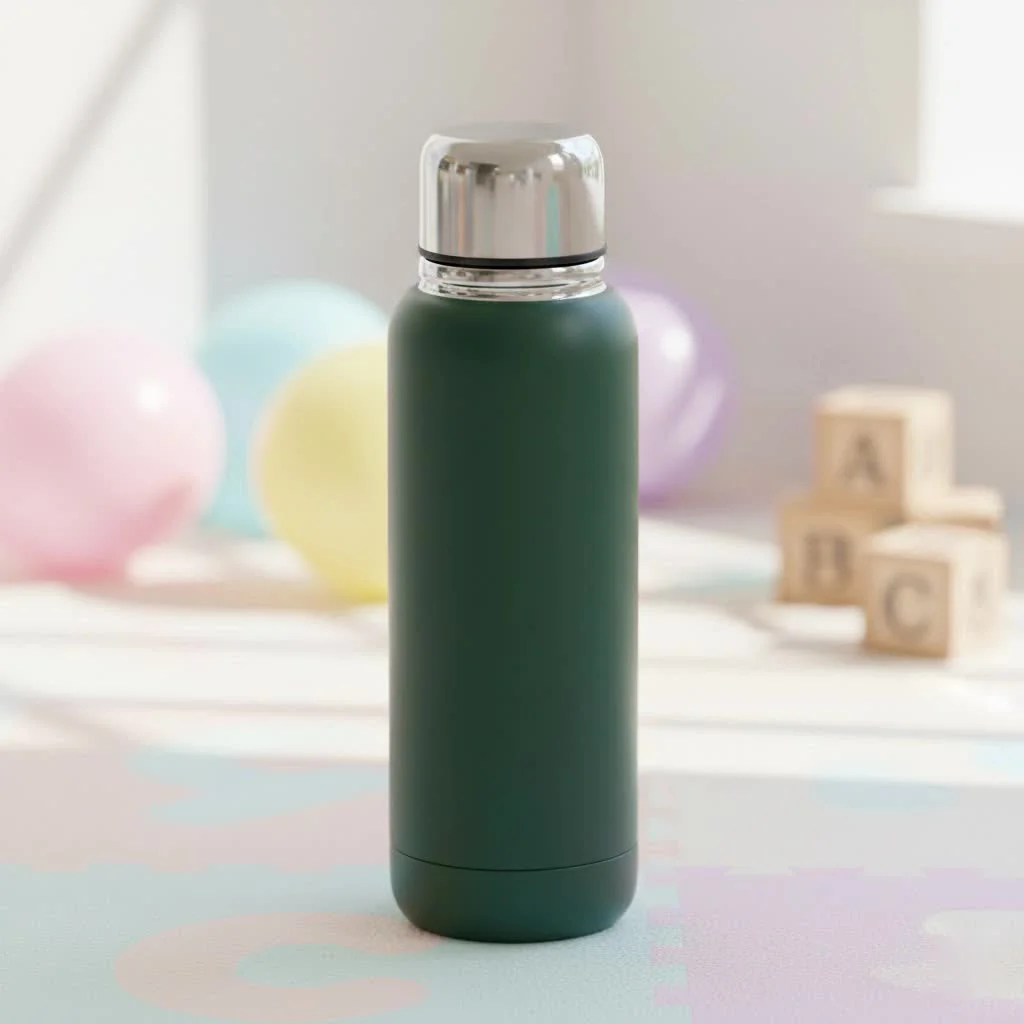 Person holding a 16oz thermos water bottle