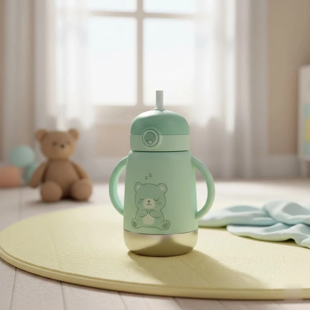 Thermos water bottle with straw on a wooden surface