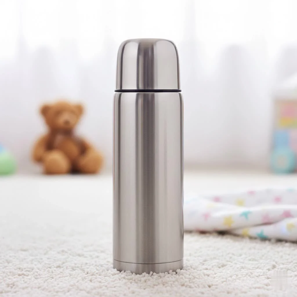 Thermos bottle with hot coffee and steam